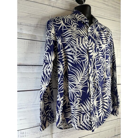J Crew shirt Mens L Blue Floral Printed Long-Sleeve Slim Stretch Casual Tropical - Picture 2 of 12